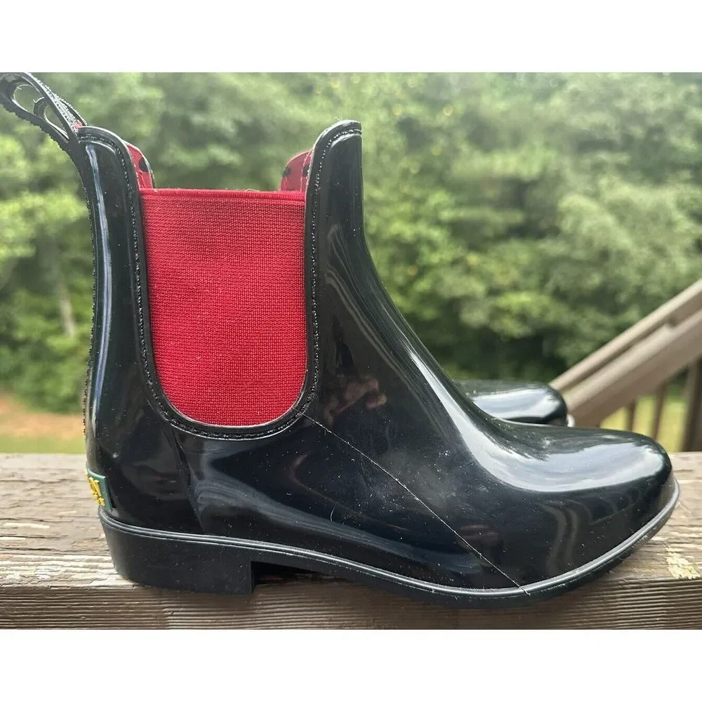 Lauren Ralph Tally Bo Rai Womens‎ 6 Rain Ankle Rubber Booties Boots Black & Red